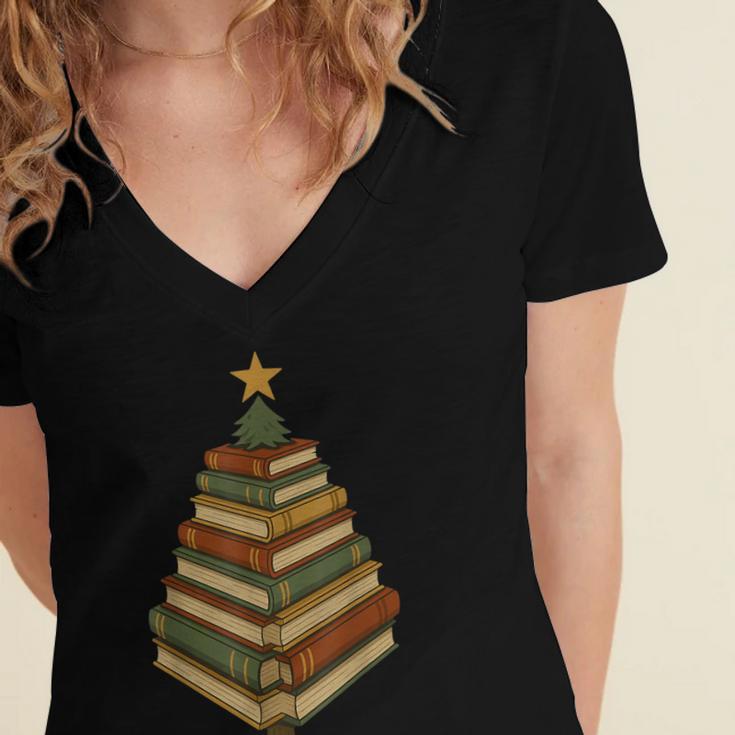 Book Lover Christmas Graphic For Librarians Women's Jersey Short Sleeve Deep V-Neck Tshirt
