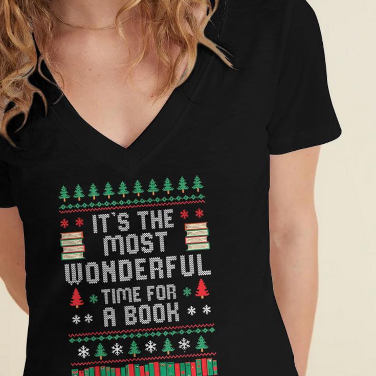 Book Lover Christmas Reader Ugly Sweater Tee Xmas New Year Women's Jersey Short Sleeve Deep V-Neck Tshirt