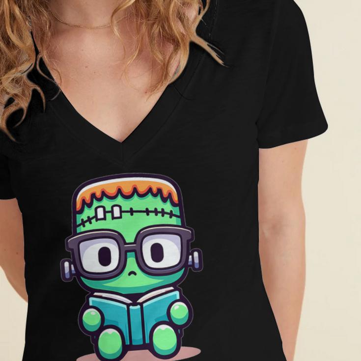 Book Lover Frankenstein's Monster With Reading Glasses Women's Jersey Short Sleeve Deep V-Neck Tshirt