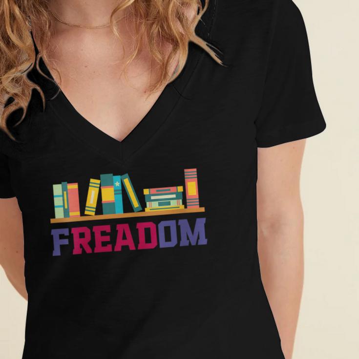 Book Lover Freedom Librarian Vintage Retro Reading Present Women's Jersey Short Sleeve Deep V-Neck Tshirt