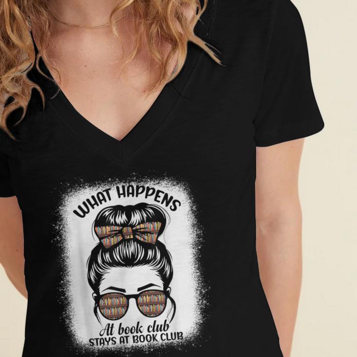 Book Lover What Happens At Book Club Stays Messy Bun Girls Women's Jersey Short Sleeve Deep V-Neck Tshirt