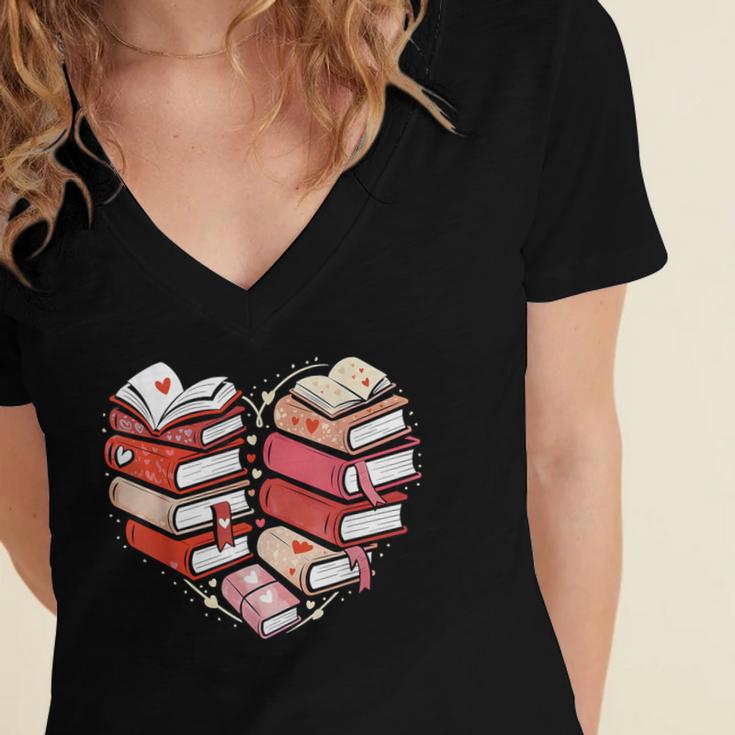 Book Lover Heart Shape Reading Librarian Valentine Men Women Women's Jersey Short Sleeve Deep V-Neck Tshirt