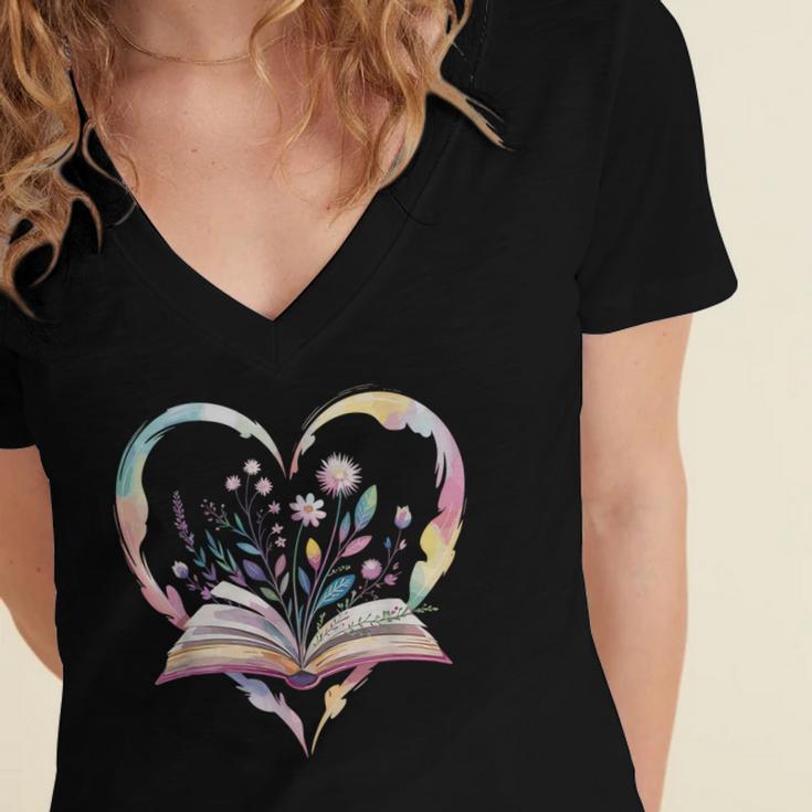 Book Lover Heart Shaped Reading Art Bookworm Women's Jersey Short Sleeve Deep V-Neck Tshirt