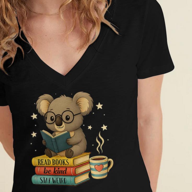 Book Lover Koala Reading Bookish Library Read Books Be Kind Women's Jersey Short Sleeve Deep V-Neck Tshirt