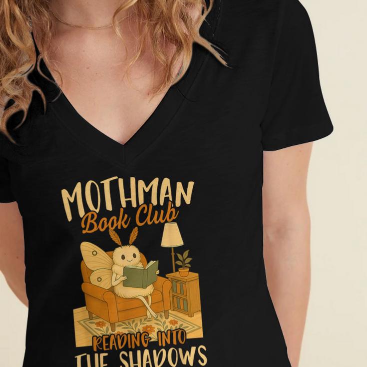 Book Lover Moth Mothman Book Club Reading Into Shadows Women's Jersey Short Sleeve Deep V-Neck Tshirt Book Lover Moth Mothman Book Club Reading Into Shadows Women's Jersey Short Sleeve Deep V-Neck Tshirt