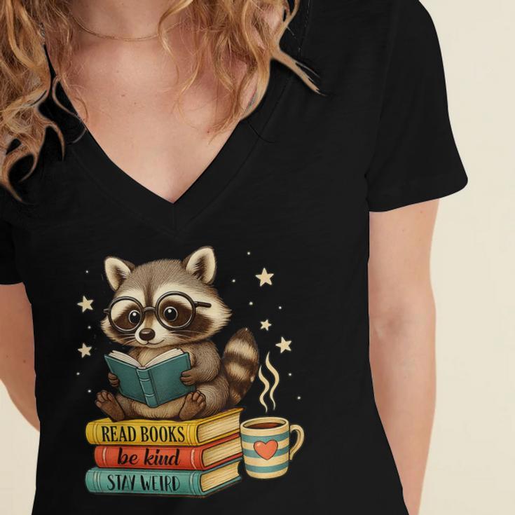 Book Lover Racoon Reading Bookish Library Read Books Be Kind Women's Jersey Short Sleeve Deep V-Neck Tshirt