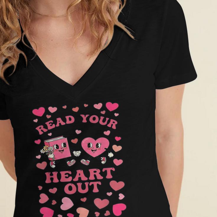 Book Lover Read Your Heart Out Teacher Valentines Women's Jersey Short Sleeve Deep V-Neck Tshirt