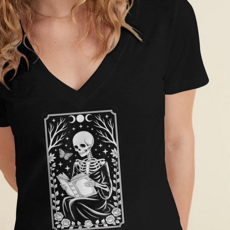 Book Lover The Reader Tarot Card Skeleton Reading Women's Jersey Short Sleeve Deep V-Neck Tshirt
