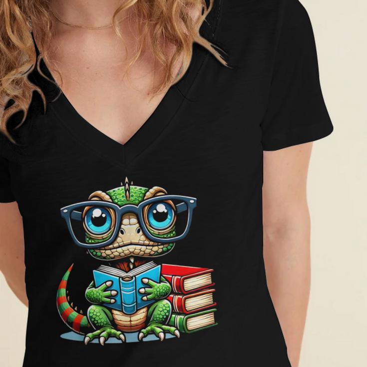 Book Lover Reading Iguana Women's Jersey Short Sleeve Deep V-Neck Tshirt
