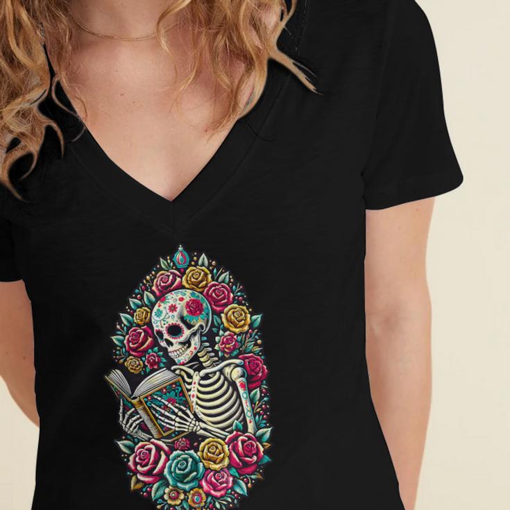 Book Lover Skeleton Reading With Dia De Los Muertos Flowers Women's Jersey Short Sleeve Deep V-Neck Tshirt