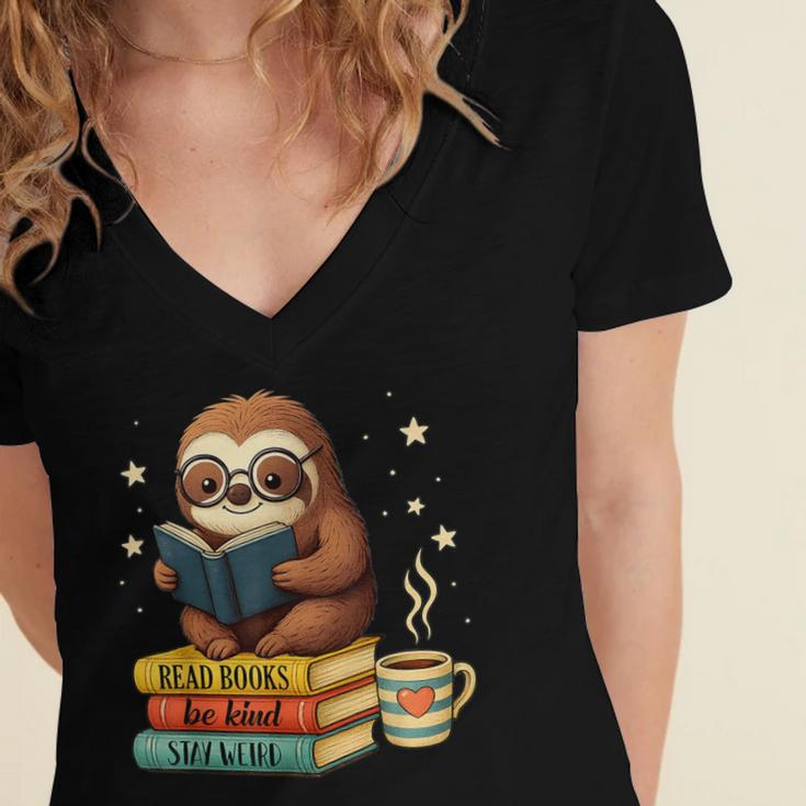 Book Lover Sloth Reading Bookish Library Read Books Be Kind Women's Jersey Short Sleeve Deep V-Neck Tshirt