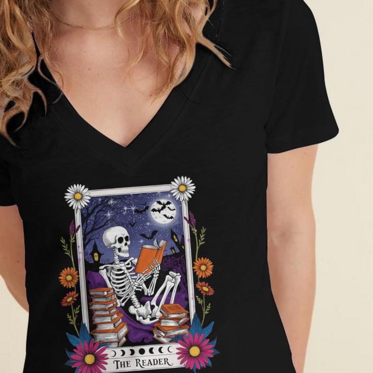 Book Lover Tarot Card The Reader Mystic Skeleton Women's Jersey Short Sleeve Deep V-Neck Tshirt