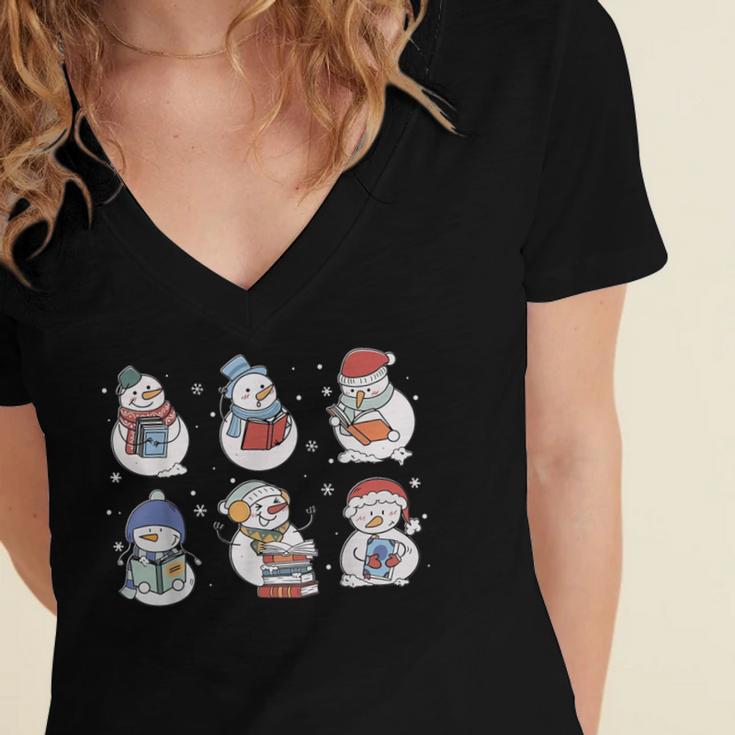 Book Lover Teacher Snowman Reading Books Christmas Winter Women's Jersey Short Sleeve Deep V-Neck Tshirt