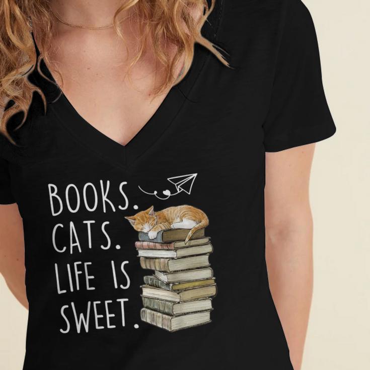 Book Lovers Books Cats Life Is Sweet Cat Lovers Women's Jersey Short Sleeve Deep V-Neck Tshirt