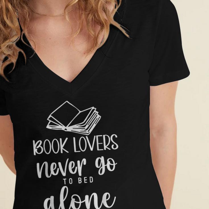 Book Lovers Never Go To Bed Alone Bibliophile Humor Women's Jersey Short Sleeve Deep V-Neck Tshirt Book Lovers Never Go To Bed Alone Bibliophile Humor Women's Jersey Short Sleeve Deep V-Neck Tshirt