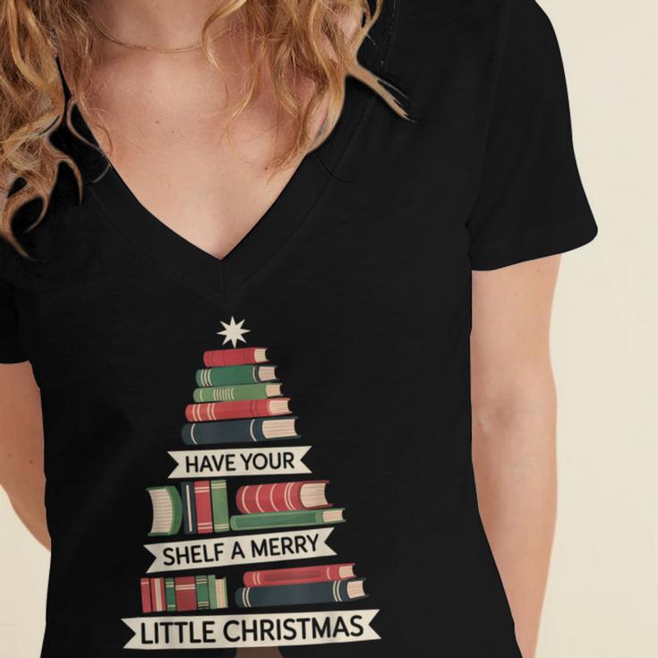 Book Merry Little Christmas Tree Holiday Women's Jersey Short Sleeve Deep V-Neck Tshirt Book Merry Little Christmas Tree Holiday Women's Jersey Short Sleeve Deep V-Neck Tshirt