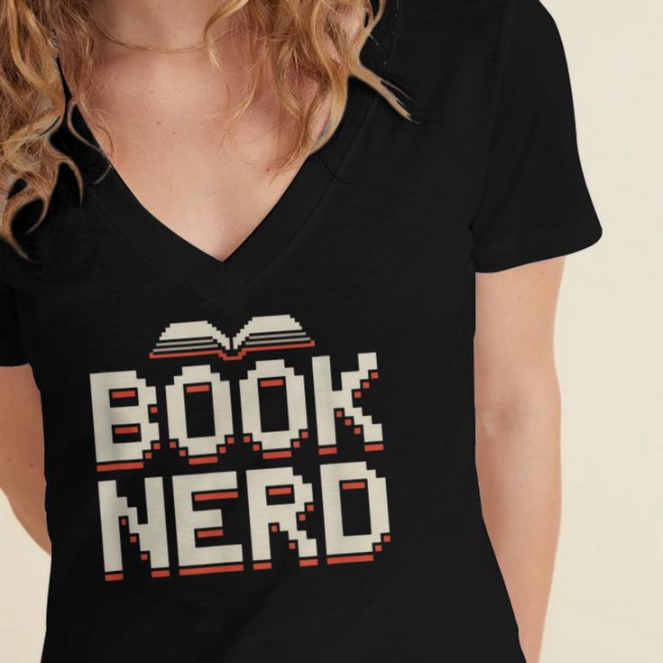 Book Nerd Retro Pixel Reading Librarian Aesthetic Women's Jersey Short Sleeve Deep V-Neck Tshirt