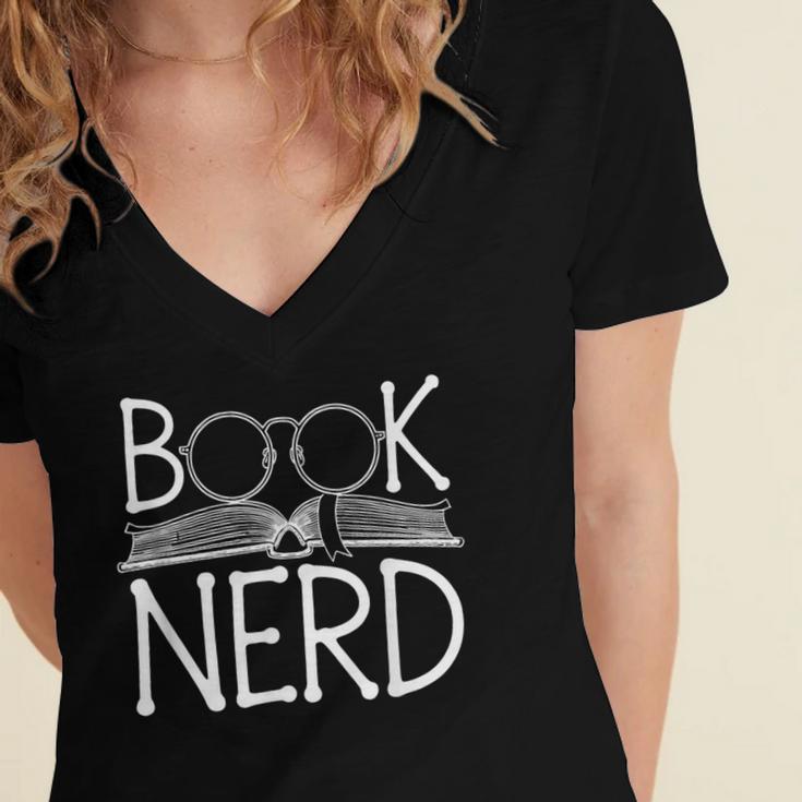 Book Nerd Retro Style Readers Librarians Authors Bookworms Women's Jersey Short Sleeve Deep V-Neck Tshirt