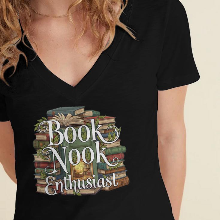 Book Nook Enthusiast Cozy Library Reader Collector Women's Jersey Short Sleeve Deep V-Neck Tshirt