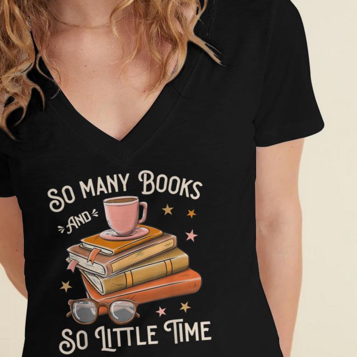Book Reading Kafee Librarian Vele Books And Little Time Women's Jersey Short Sleeve Deep V-Neck Tshirt