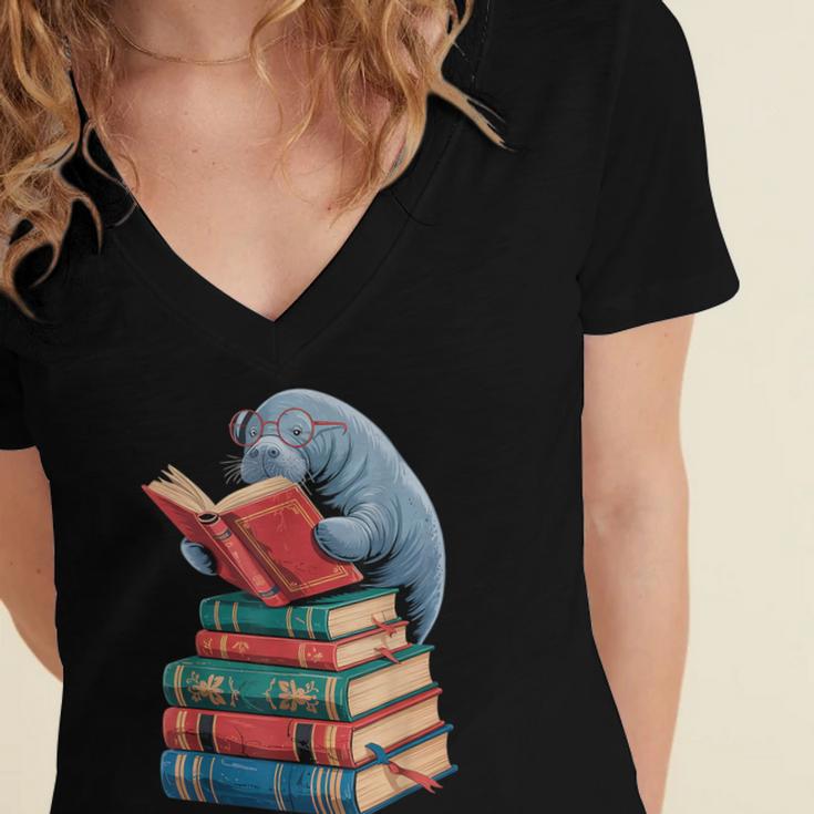Book Reading Book Reader Manatees Sea Animal Sea Cow Manatee Women's Jersey Short Sleeve Deep V-Neck Tshirt