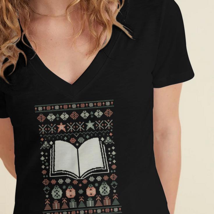 Book Reading Ugly Christmas Women's Jersey Short Sleeve Deep V-Neck Tshirt