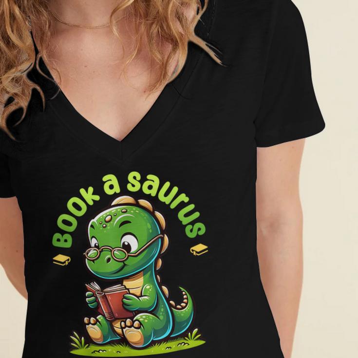 Book A Saurus Bookasaurus Dinosaur Book Girls Boys Toddler Women's Jersey Short Sleeve Deep V-Neck Tshirt