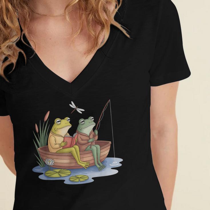 Book Shirt Frog Toad Fishing Vintage Book Frog Women's Jersey Short Sleeve Deep V-Neck Tshirt