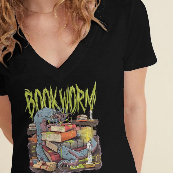 Graphic Book Worm Monster Horror Reading Book Lover Women's Jersey Short Sleeve Deep V-Neck Tshirt