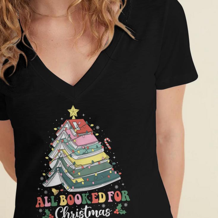 All Booked For Christmas Book Tree Lights Christmas Library Women's Jersey Short Sleeve Deep V-Neck Tshirt