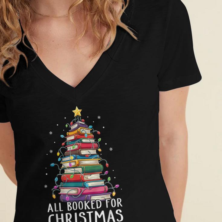 All Booked For Christmas Book Christmas Tree Lights Women's Jersey Short Sleeve Deep V-Neck Tshirt