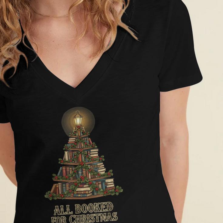 All Booked For Christmas Book Tree Book Lover Teacher Women's Jersey Short Sleeve Deep V-Neck Tshirt