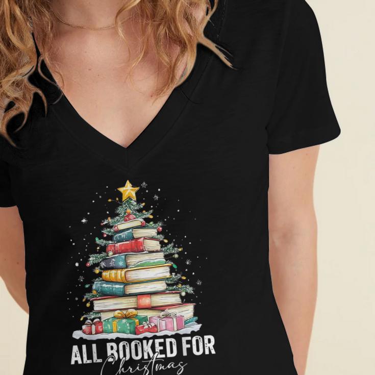 All Booked For Christmas Coquette Books Teacher Xmas Tree Women's Jersey Short Sleeve Deep V-Neck Tshirt