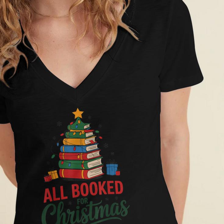 All Booked For Christmas Librarian Reader Xmas Pajama Women's Jersey Short Sleeve Deep V-Neck Tshirt