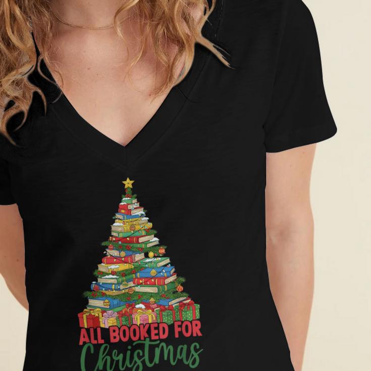 All Booked For Christmas Reading Books Librarian Holiday Women's Jersey Short Sleeve Deep V-Neck Tshirt