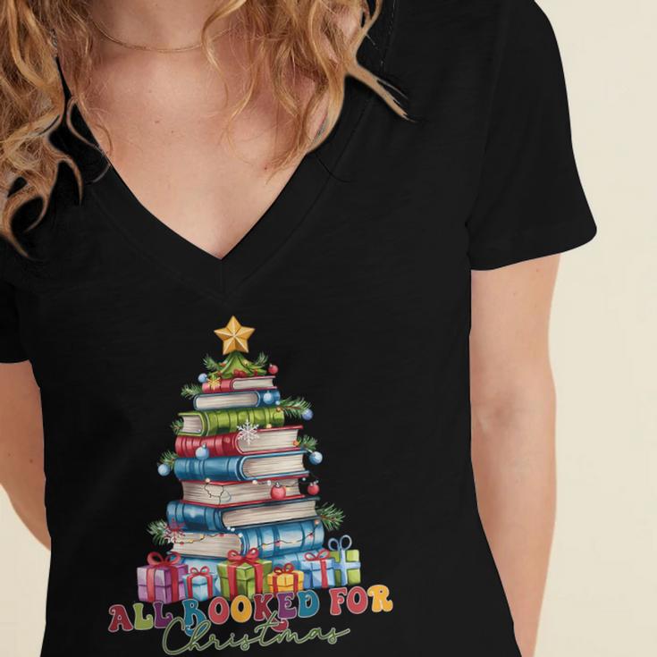 All Booked For Christmas Teacher Reading Student Bookworm Women's Jersey Short Sleeve Deep V-Neck Tshirt