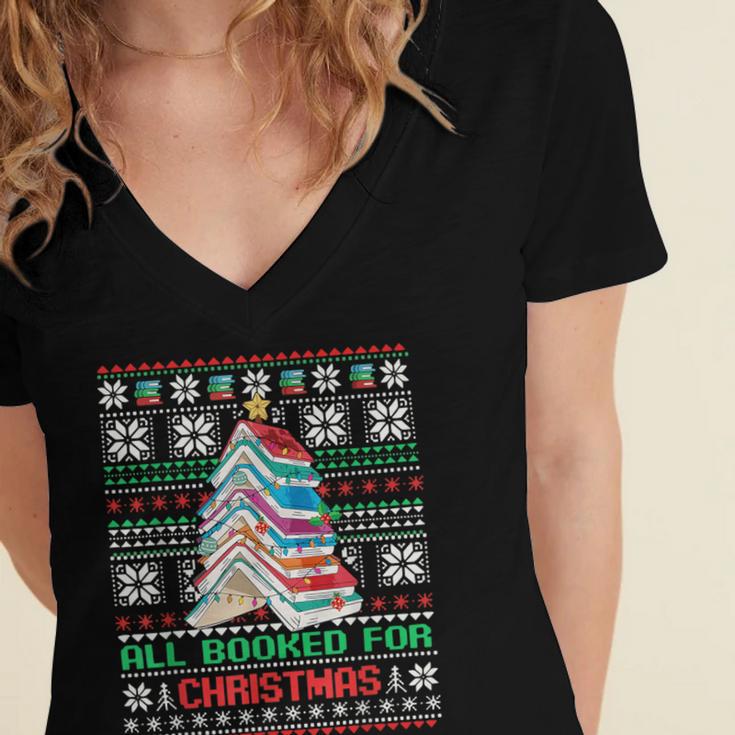 All Booked For Christmas Tree Book Ugly Christmas Sweatshirt Women's Jersey Short Sleeve Deep V-Neck Tshirt
