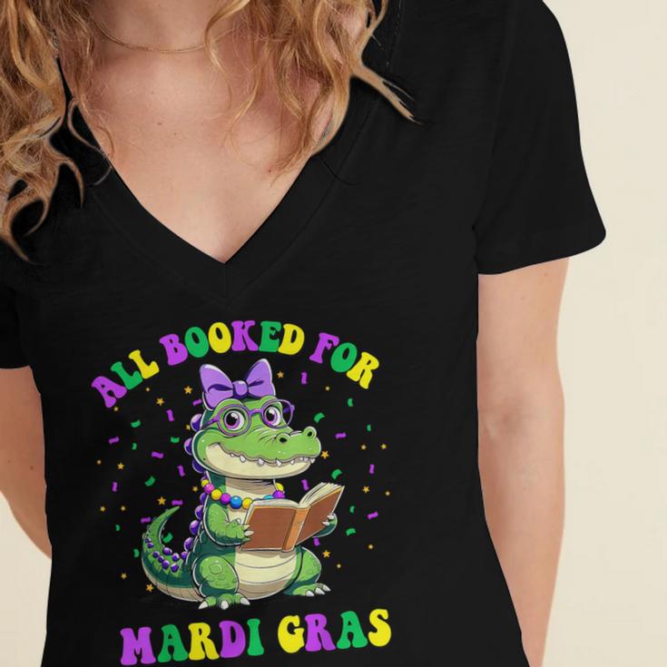 All Booked For Mardi Gras Crocodile Reading Book Teacher Women's Jersey Short Sleeve Deep V-Neck Tshirt