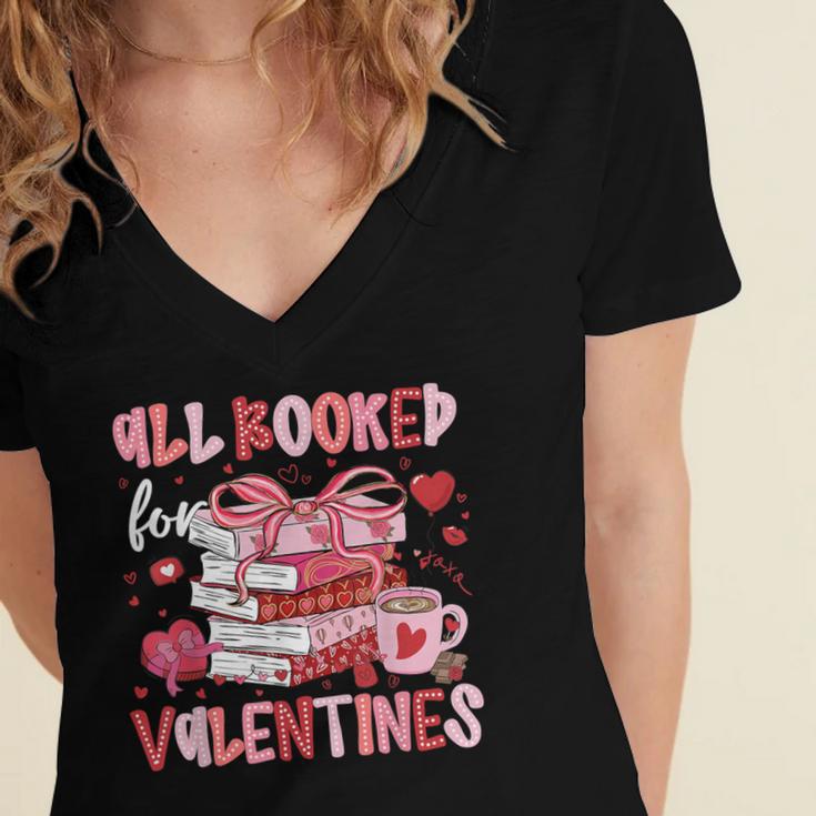 All Booked For Valentines Book Coffee Teacher Women Women's Jersey Short Sleeve Deep V-Neck Tshirt