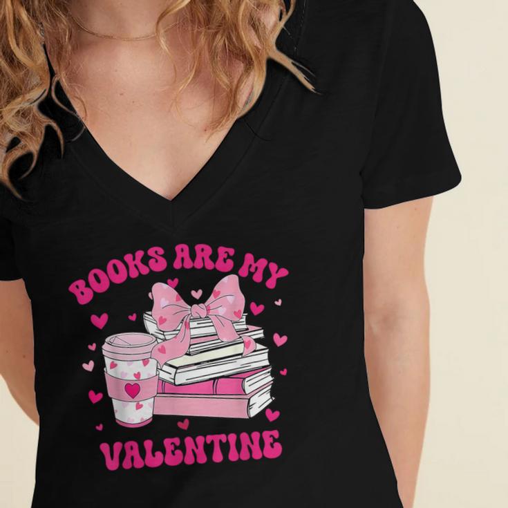 All Booked For Valentines Book Reading Coquette Bow Women's Jersey Short Sleeve Deep V-Neck Tshirt All Booked For Valentines Book Reading Coquette Bow Women's Jersey Short Sleeve Deep V-Neck Tshirt