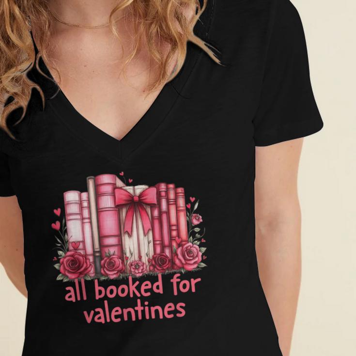 All Booked For Valentines Coquette Bow Book Lover Bookworm Women's Jersey Short Sleeve Deep V-Neck Tshirt