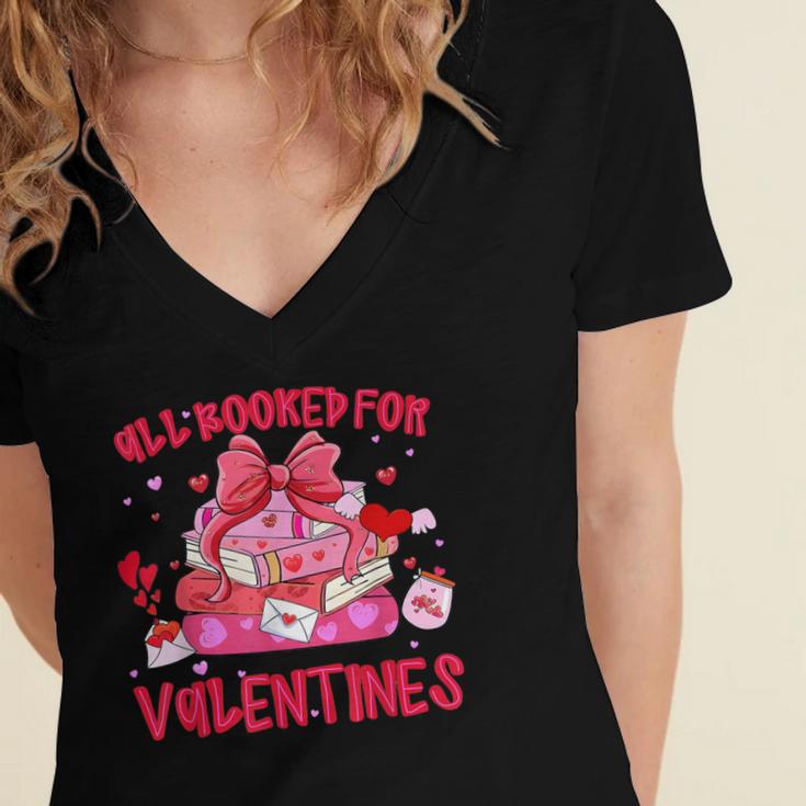 All Booked For Valentines Coquette Bow Book Valentine Day Women's Jersey Short Sleeve Deep V-Neck Tshirt