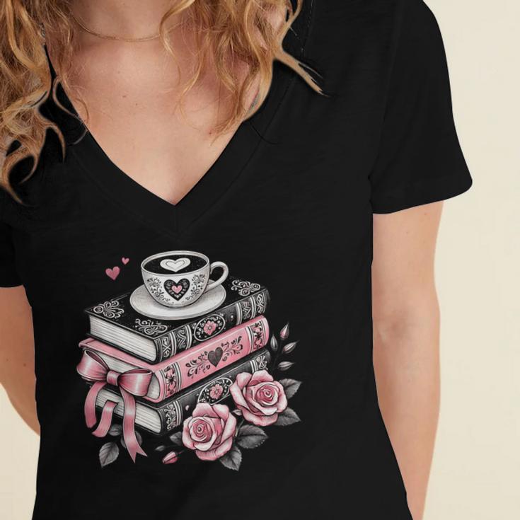 All Booked For Valentine's Coquette Bow Books Teacher Girly Women's Jersey Short Sleeve Deep V-Neck Tshirt