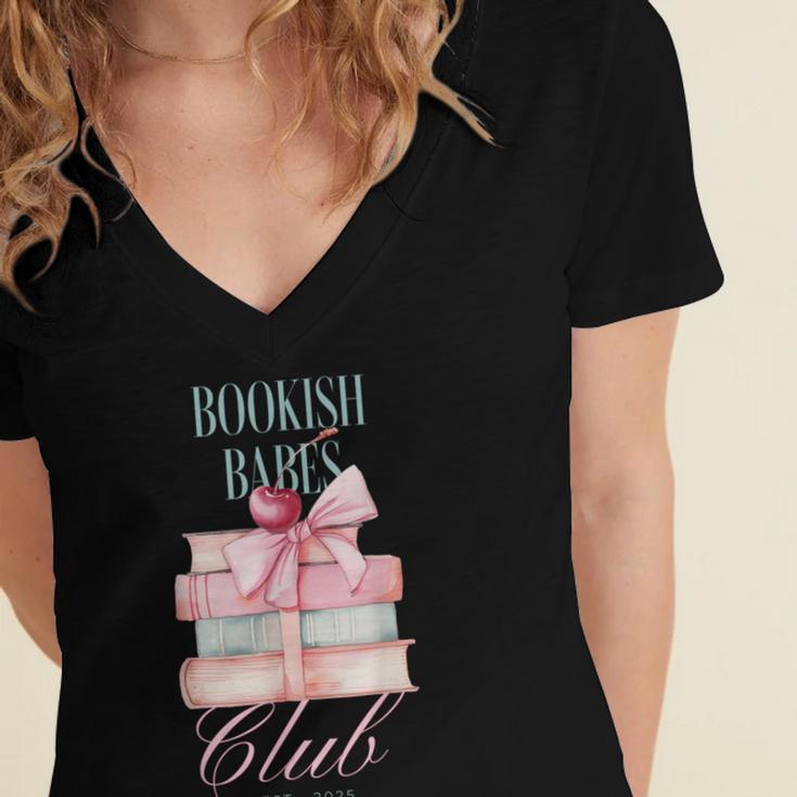 Bookish Babes Club Cute Pink Book Stack With Bow Women's Jersey Short Sleeve Deep V-Neck Tshirt