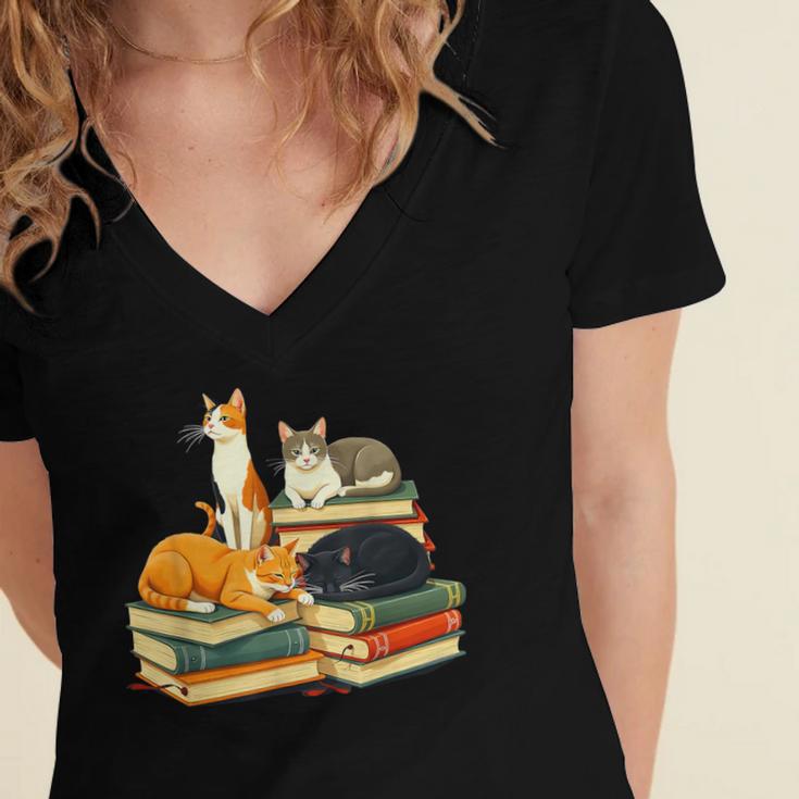 Bookish Cat Lover Cute Reading Squad Books & Kittens Love Women's Jersey Short Sleeve Deep V-Neck Tshirt Bookish Cat Lover Cute Reading Squad Books & Kittens Love Women's Jersey Short Sleeve Deep V-Neck Tshirt