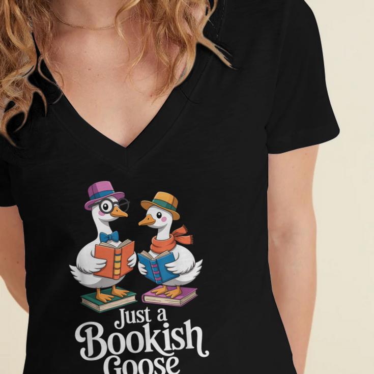 Bookish Goose Cute Geese With Hats Reading Books Women's Jersey Short Sleeve Deep V-Neck Tshirt