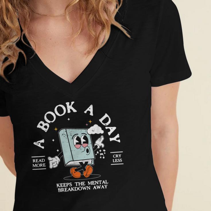 Bookish Mental Health Book A Day Retro Read More Book Women's Jersey Short Sleeve Deep V-Neck Tshirt Bookish Mental Health Book A Day Retro Read More Book Women's Jersey Short Sleeve Deep V-Neck Tshirt