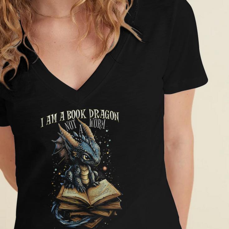 Bookish Quote I Am a Book Dragon Not a Worm Reading Book Women's Jersey Short Sleeve Deep V-Neck Tshirt