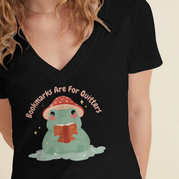 Bookmarks Are For Quitters Frog Reading Book Graphic Women's Jersey Short Sleeve Deep V-Neck Tshirt