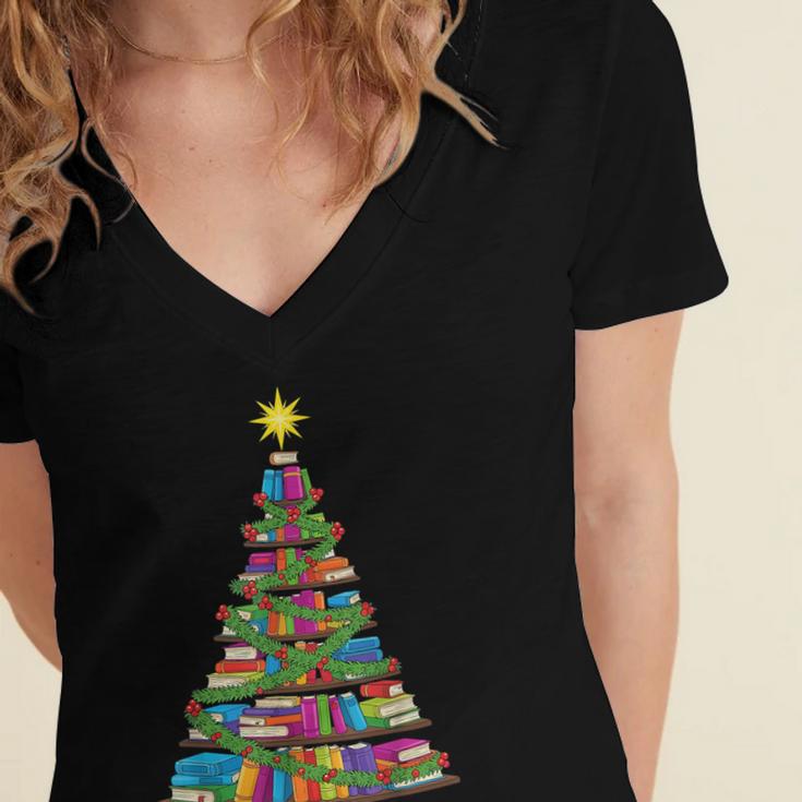 Bookmas Christmas Book Tree Book Lover English Teacher Women's Jersey Short Sleeve Deep V-Neck Tshirt